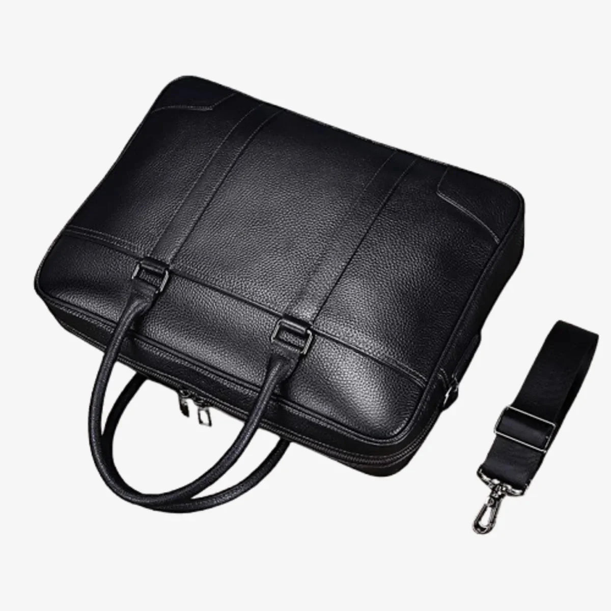 Porte-documents en cuir noir avec bandoulière détachée vue du dessus