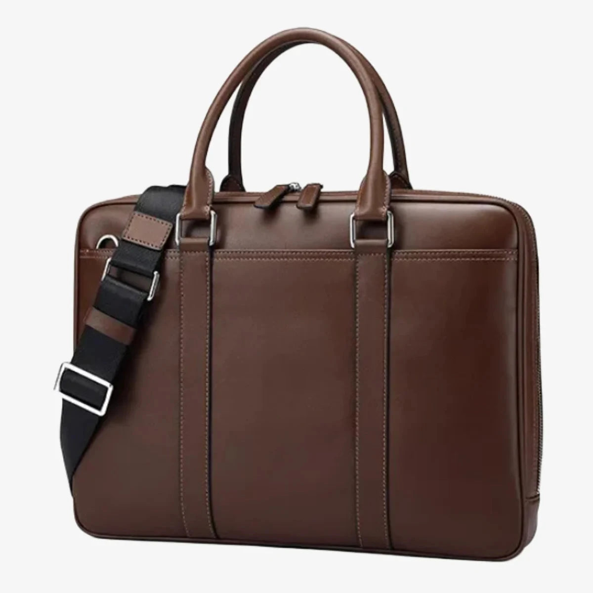 Porte-documents marron vu en diagonale avec bandoulière