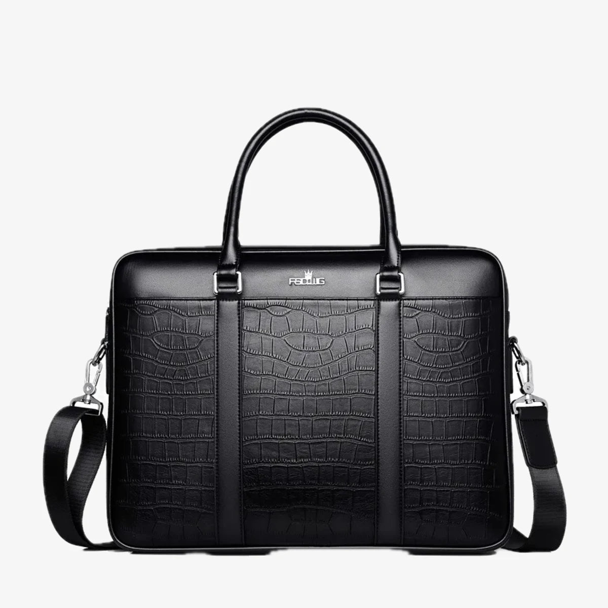 Sac à main professionnel noir avec motif crocodile et bandoulière amovible
