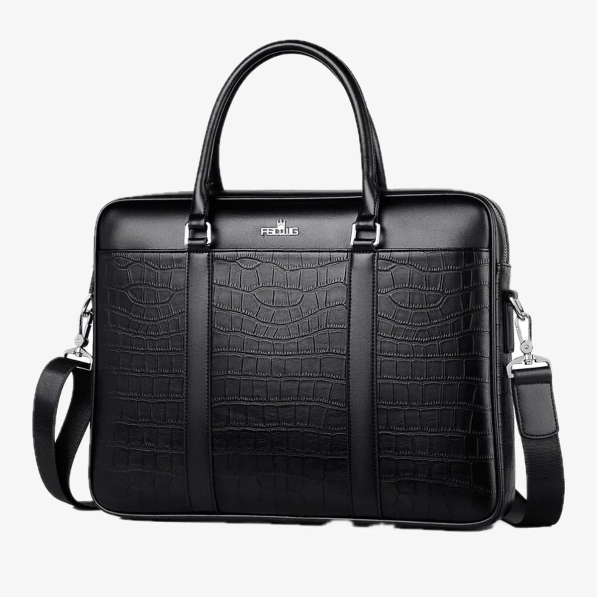 Sac horizontal en cuir synthétique noir avec poignée et strap