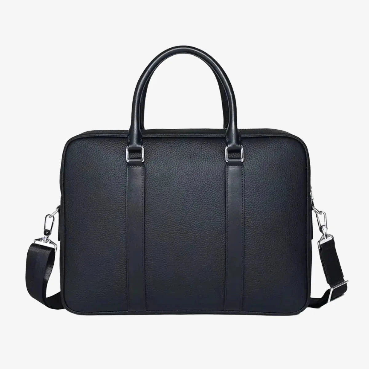 Porte-documents en cuir de vachette noir rigide vu de face avec poignées et bandoulière