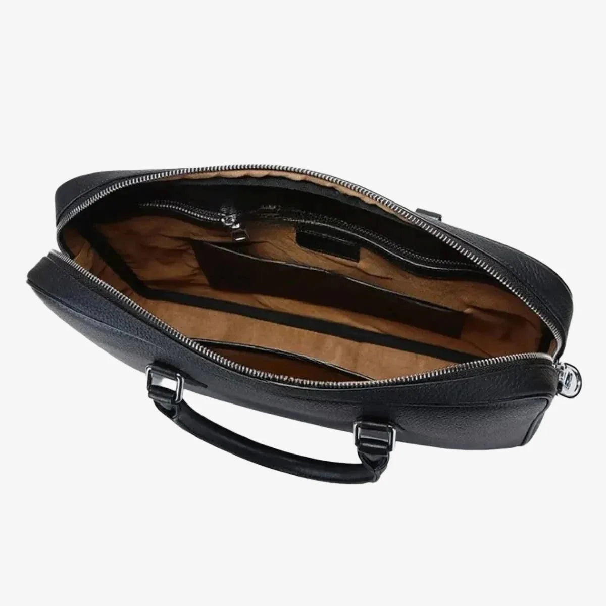 Vue de dessus du porte-documents en cuir ouvert avec compartiments intérieurs visibles