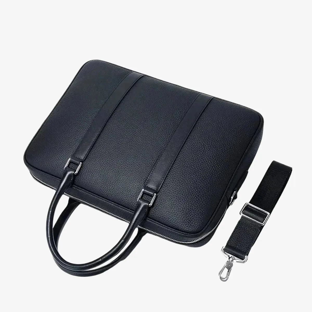 Porte-documents rigide en cuir noir vu de dessus avec poignées et bandoulière détachable