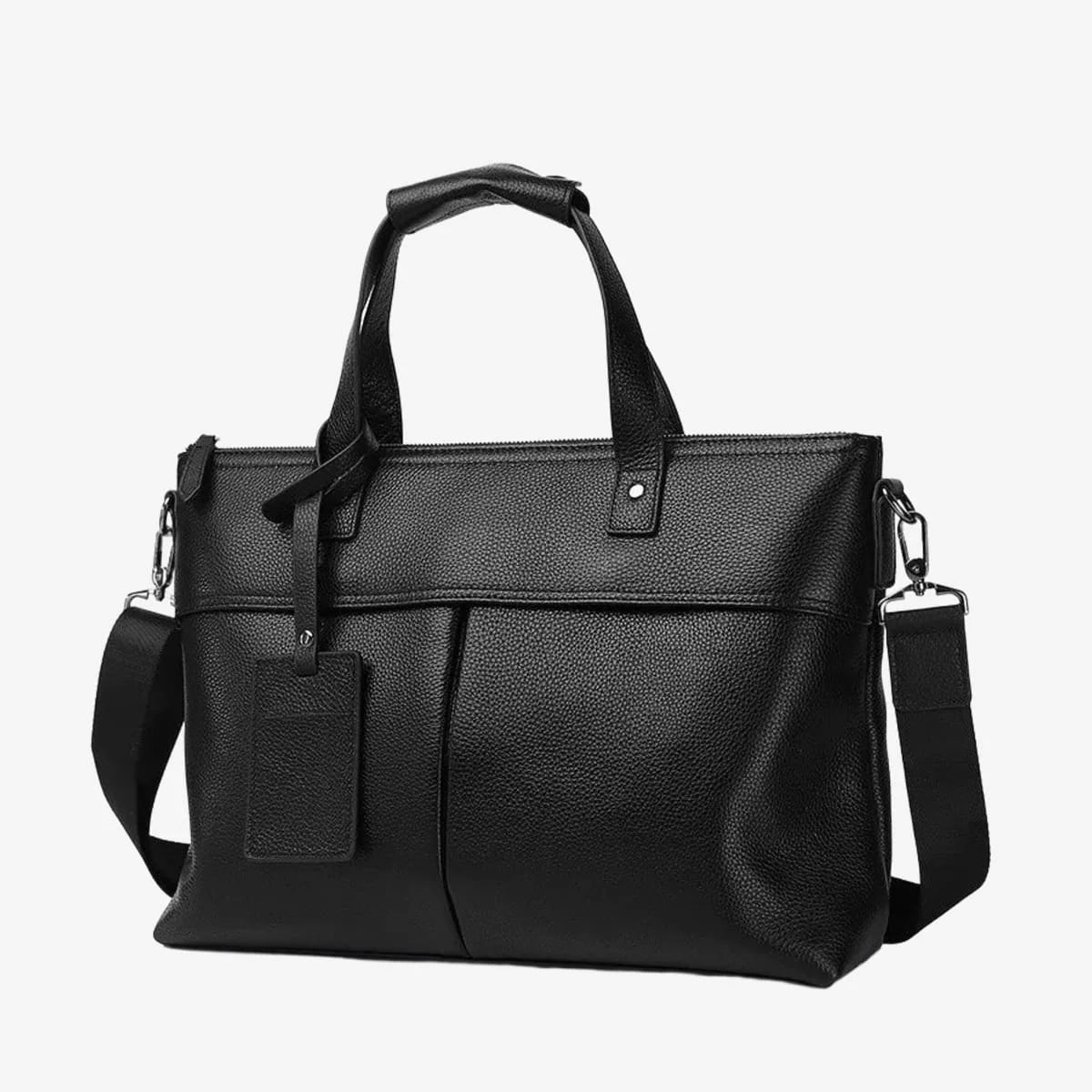 Porte-documents en cuir pleine fleur noir vu de côté avec poignet et bandoulière