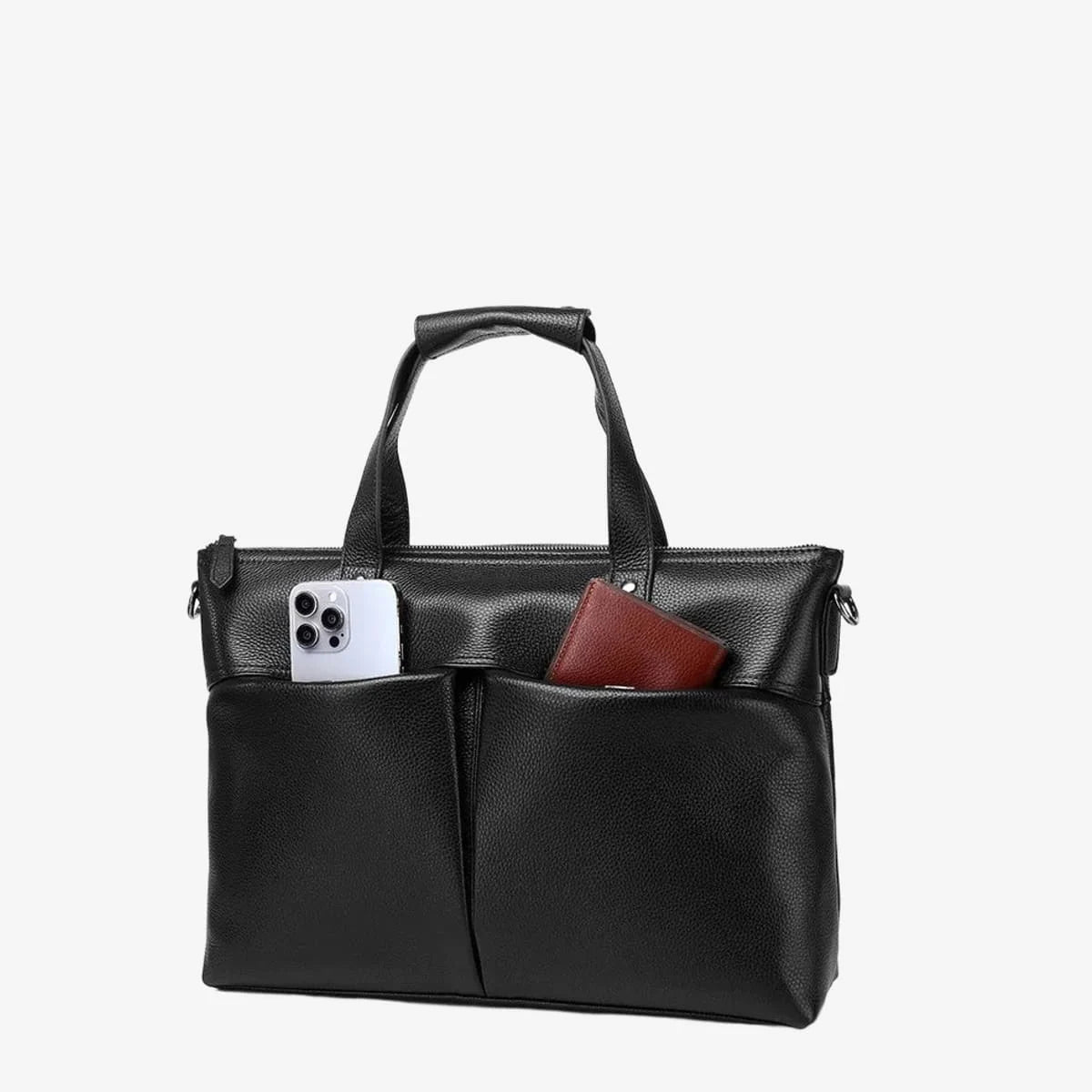 Porte-documents en cuir pleine fleur noir vu de face avec deux poches avant contenant u...