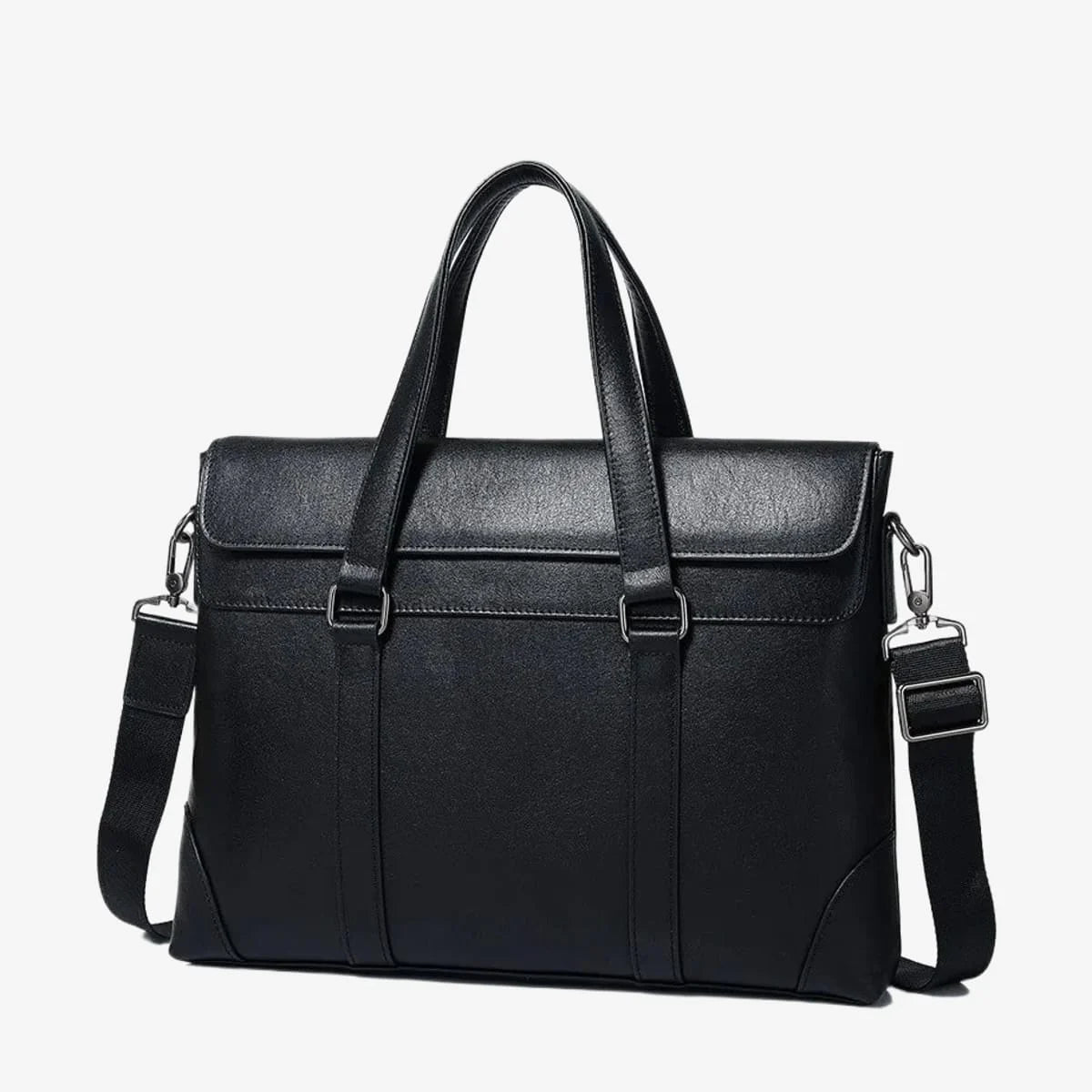 Porte-documents en cuir noir vu de côté avec anses et bandoulière ajustable