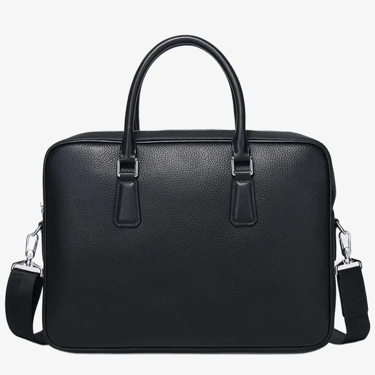 Porte-documents en cuir pleine fleur noir vue de face avec poignées et bandoulière ajus...