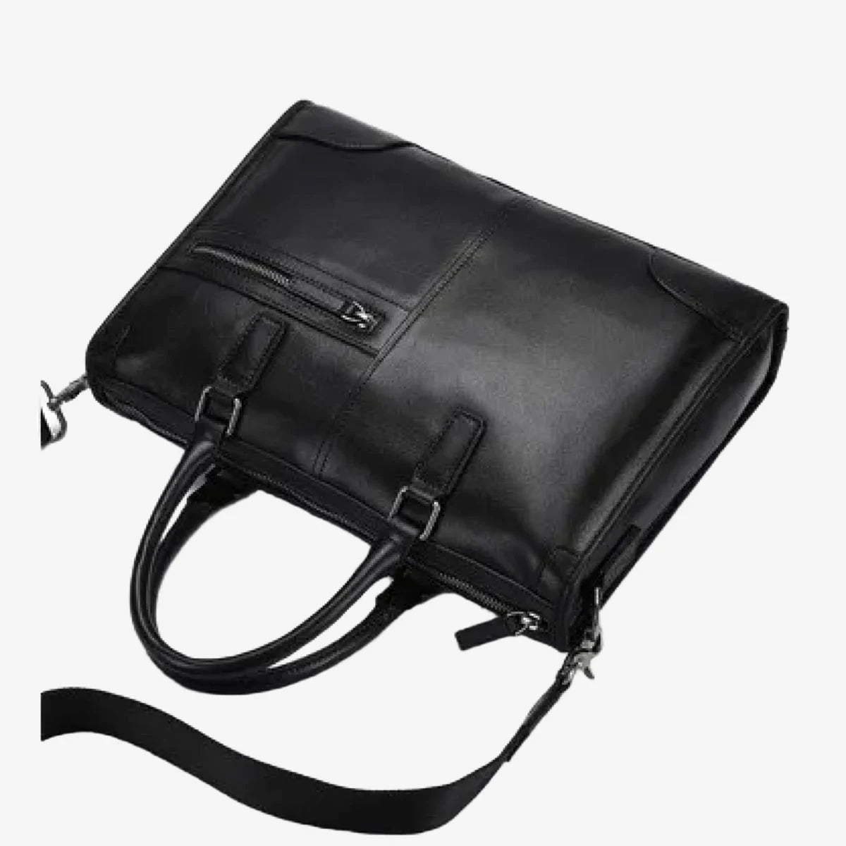 Sacoche en cuir noire vue de dessus avec poignées et bandoulière visibles