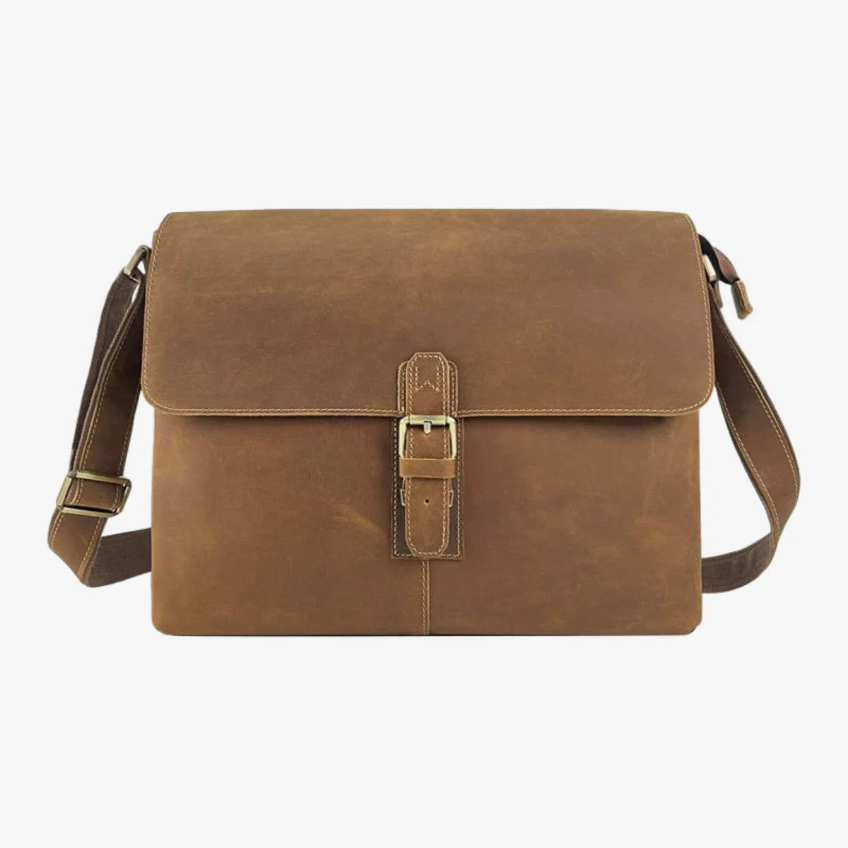 Porte-documents vintage en cuir de vachette marron vu de face avec boucle métallique