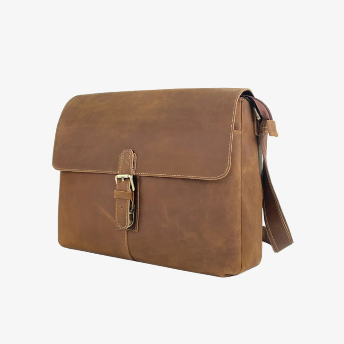 Porte-documents vintage en cuir vachette marron vu de côté avec fermeture boucle