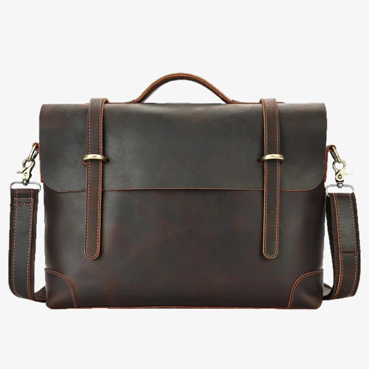 Porte-documents en cuir marron vu de face avec bandoulière ajustable en cuir