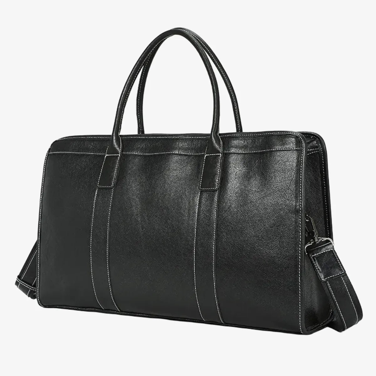 Porte-documents en cuir de vachette noir vu de côté avec poignées et bandoulière