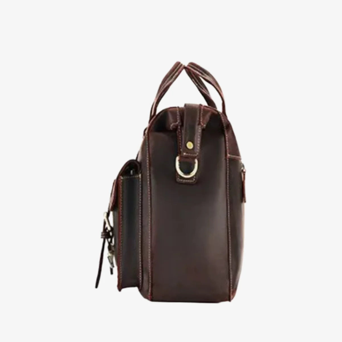 Porte-documents en cuir vachette marron vu de côté avec poignées visibles.