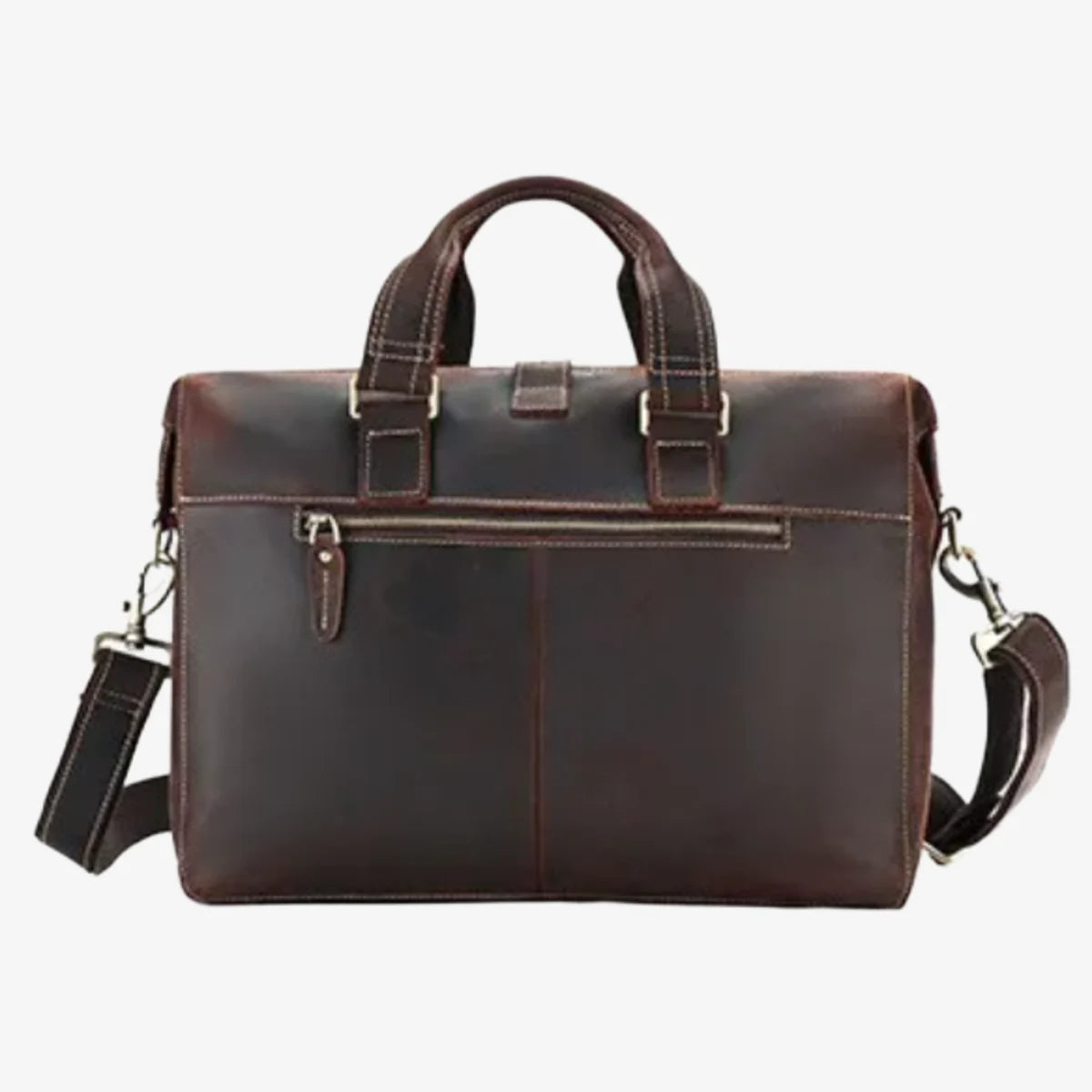 Porte-documents en cuir de vachette brun vu de face avec poignées et bandoulière ajustable