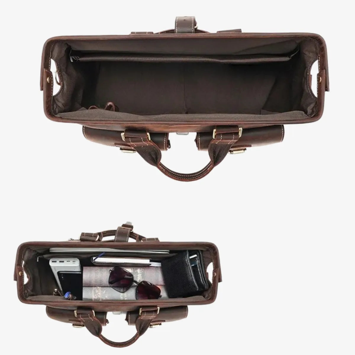 Détail intérieur du porte-documents cuir vachette avec compartiments et accessoires