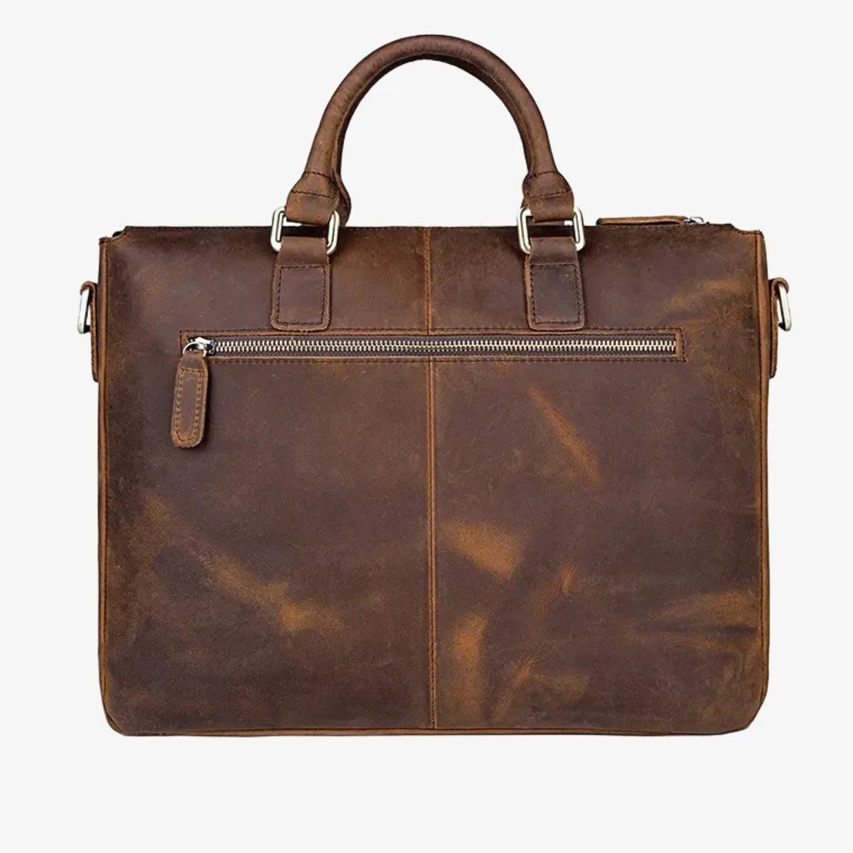 Porte-documents en cuir marron vue de face avec double poignées et poche zippée