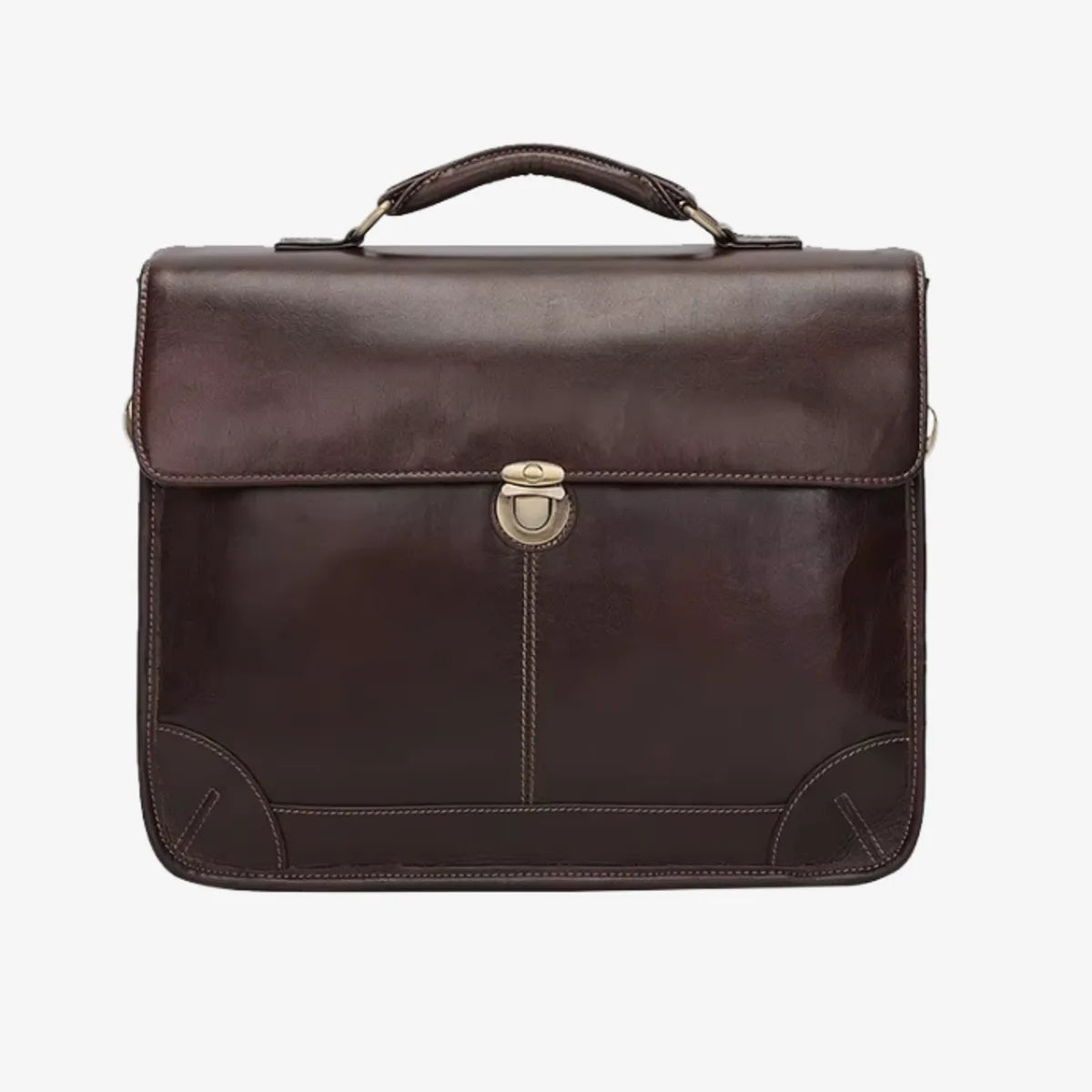 Porte-documents en cuir de vachette marron vu de face avec fermeture à boucle métallique