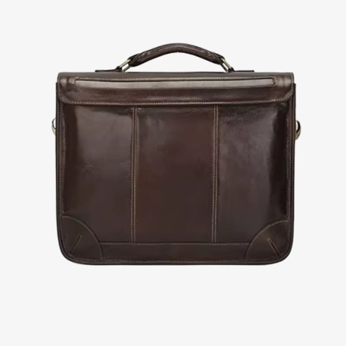 Porte-documents en cuir vachette marron vu de face avec poignée et coutures visibles