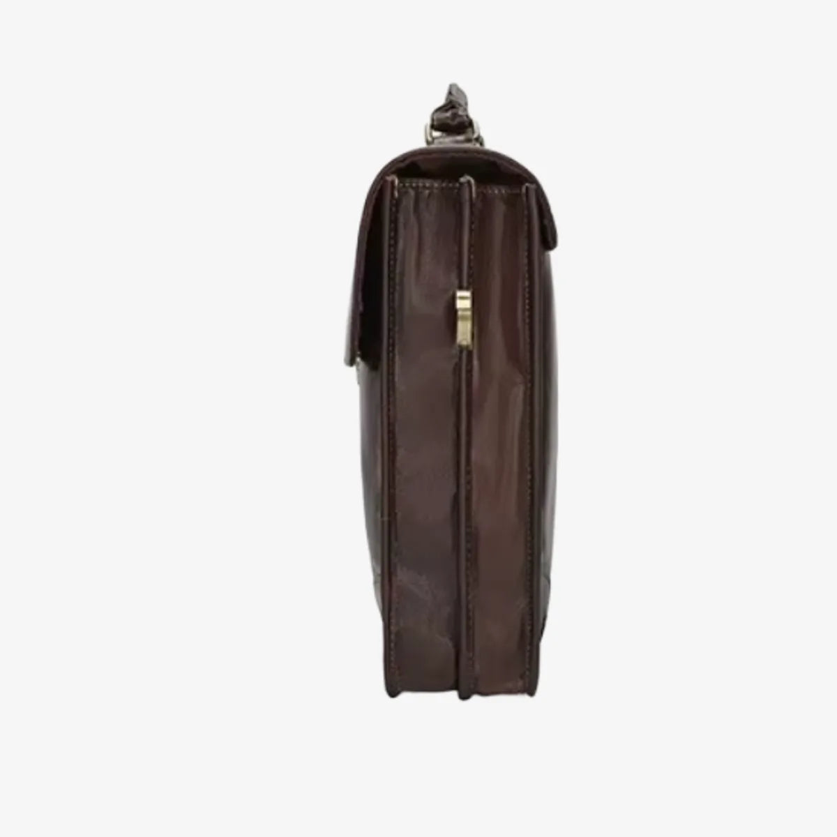 Vue de côté du porte-documents en cuir de vachette avec fermeture dorée.