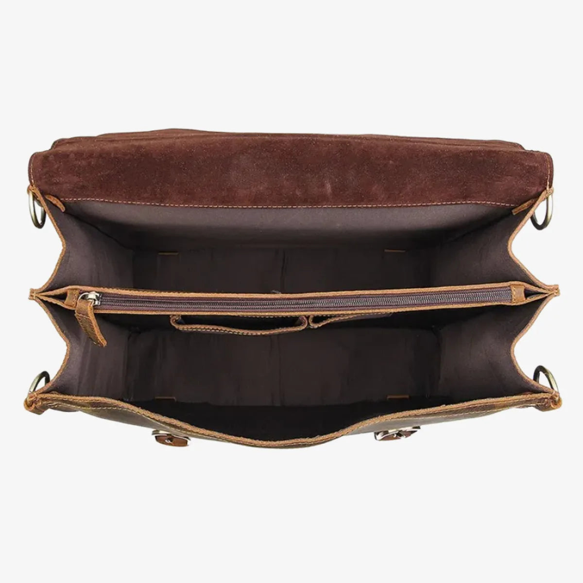 Vue de dessus du sac en cuir avec compartiments et doublure en suédine marron
